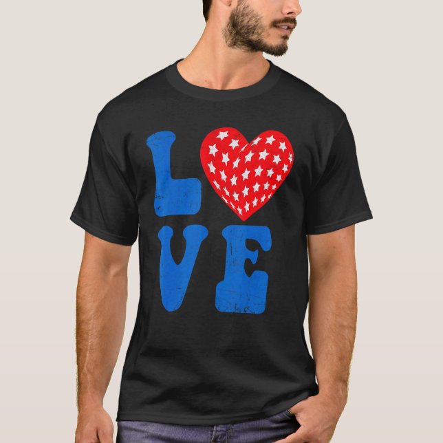 American Flag Liebe Heart Red Blue 4. Juli Patr T-Shirt (Vorderseite)