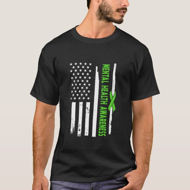 American Flag Mental Health Awareness Wear Green R T-Shirt (Vorderseite)