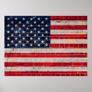 American flag on a brick wall poster