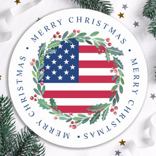 American Flag Patriotic Christmas Wreath Classic Runder Aufkleber
