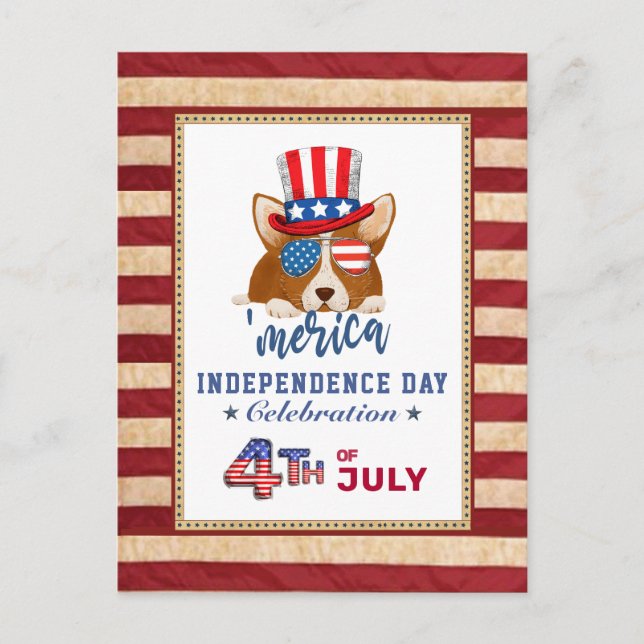 American Flag Patriotic Corgi 4. JULY Party Einladungspostkarte (Vorderseite)