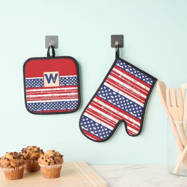 American Flag Pattern Personalisiert 2 Ofenhandschuh & Topflappen-Set (Insitu (Hängend))