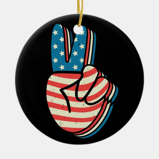 American Flag Peace Sign Hand 4. Juli Keramik Ornament (Vorne)