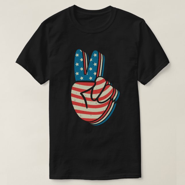 American Flag Peace Sign Hand 4. Juli T-Shirt (Design vorne)