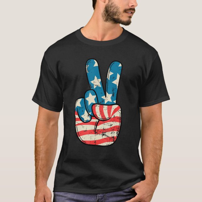 American Flag Peace Sign Hand 4th of July Patrioti T-Shirt (Vorderseite)