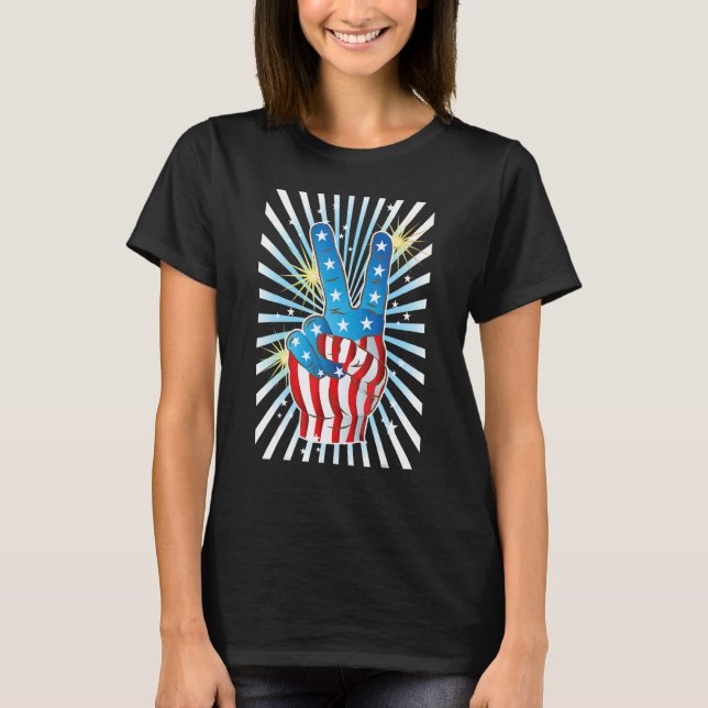 American Flag Peace Sign Hand   Fourth of July T-Shirt (Vorderseite)