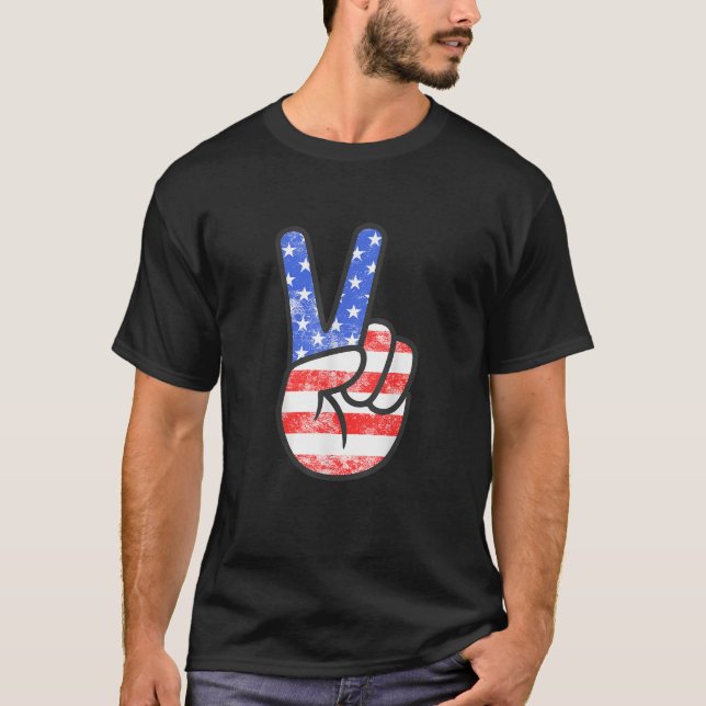 American Flag Peace Sign Hand T - Shirt Vierte Ju (Vorderseite)