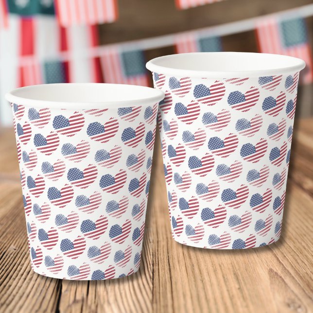 American Flag Red White Blue Patriotic Pappbecher (Cute Patriotic American Flag Rustic Heart Pattern Paper Cups)