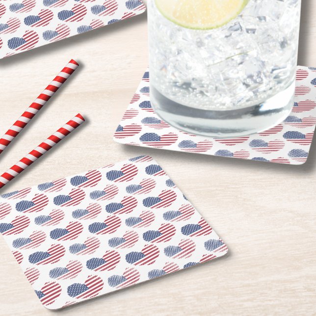 American Flag Red White Blue Patriotic Rechteckiger Pappuntersetzer (Cute Patriotic American Flag Rustic Heart Pattern Square Paper Coaster)