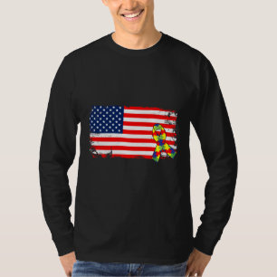 American Flag Ribbon Autism Month Ribbon Puzzle Di T-Shirt