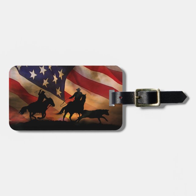 American Flag Rustic Team Roping Cowboys Gepäckanhänger (Vorderseite horizontal)