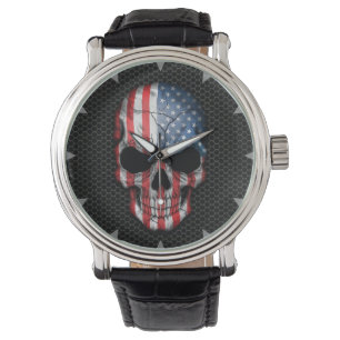 American Flag Skull on Steel Mesh Graphic Armbanduhr