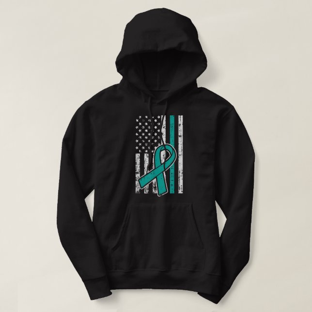 American Flag Teal Ribbon Cool Ovarian Cancer Awar Hoodie (Design vorne)