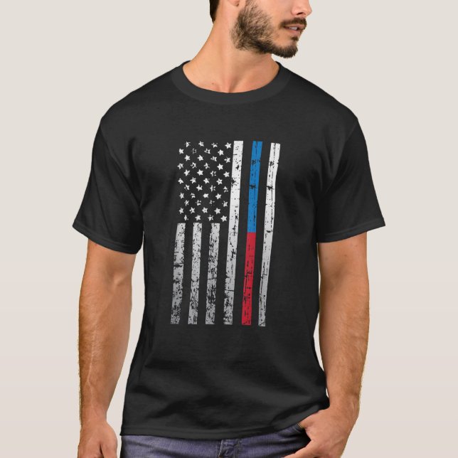 American Flag Thin Red Blue Line Law Feuerwehrmann T-Shirt (Vorderseite)