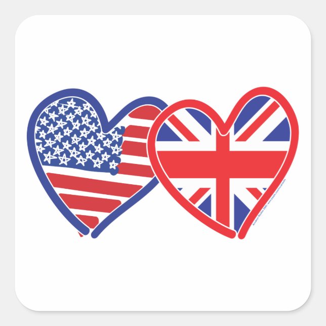 American Flag/Union Jack Flag Hearts Quadratischer Aufkleber (Vorderseite)