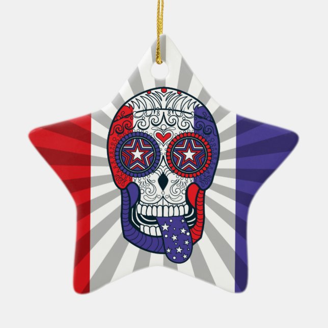 American Flag USA Colors Patriotic Sugar Skull Keramikornament (Vorne)