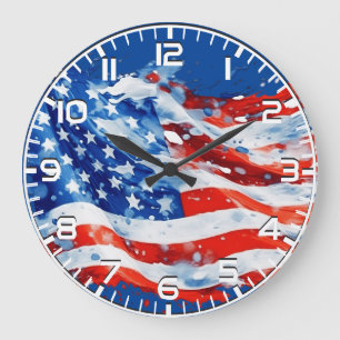 American Flag USA Watercolor 4. Juli Große Wanduhr