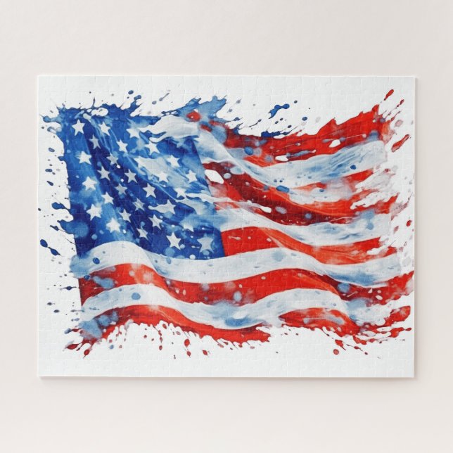 American Flag USA Watercolor 4. Juli Puzzle (Horizontal)