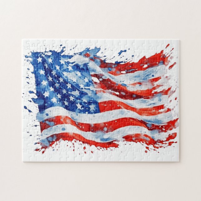 American Flag USA Watercolor 4. Juli Puzzle (Horizontal)