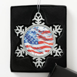 American Flag USA Watercolor 4. Juli Schneeflocken Zinn-Ornament