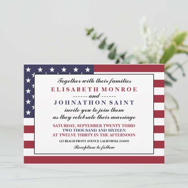 American Flag Wedding Einladung (Stehend Vorderseite)