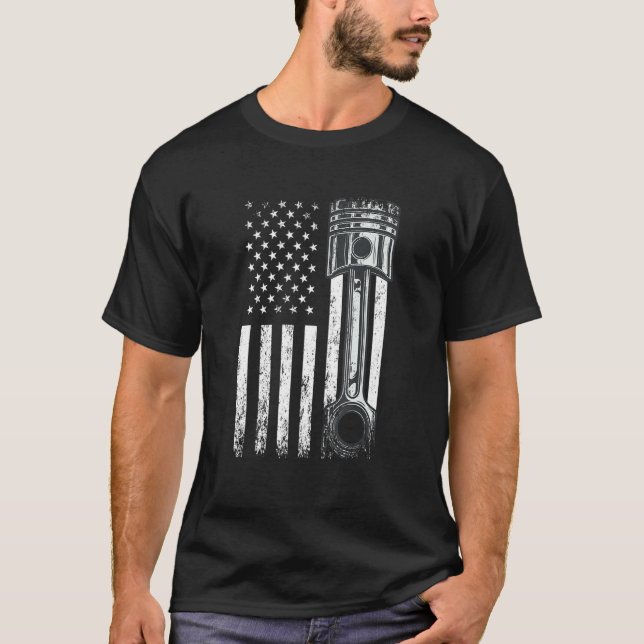 American Flag with Car Motor Pistole Novelty Graph T-Shirt (Vorderseite)