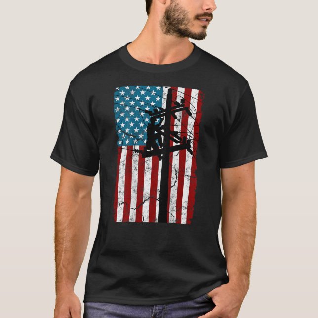 American flagge Electric Cable Silhouette Lineman  T-Shirt (Vorderseite)