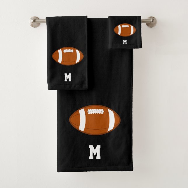 American Football Ball & Monogram on Black Badhandtuch Set (Insitu)