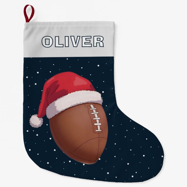 American Football Ball Red Santa Hat Name Großer Weihnachtsstrumpf (Vorderseite)