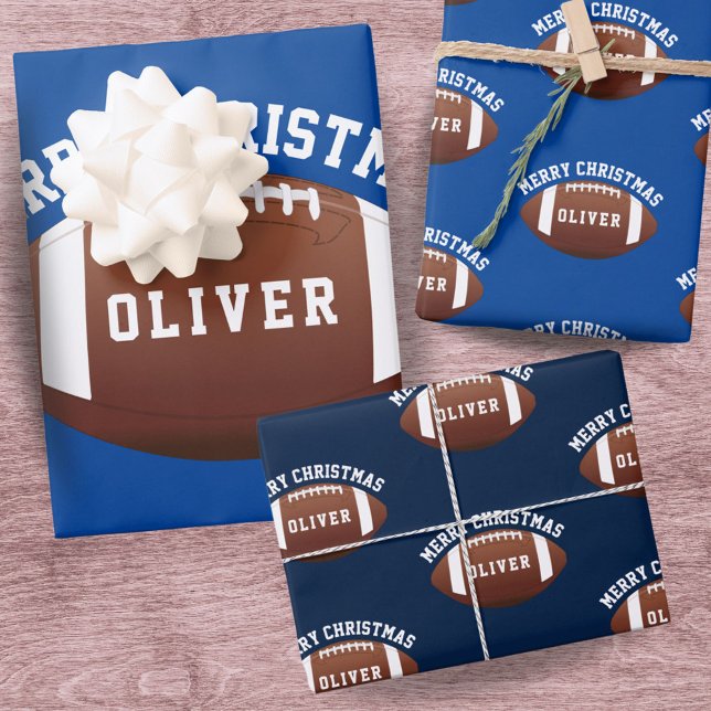 American Football Balls Name Blue Christmas Geschenkpapier Set (Von Creator hochgeladen)