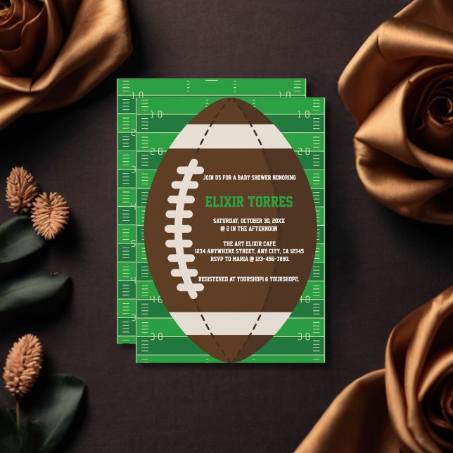 American Football Brown & Green Color Baby Dusche Einladung (Von Creator hochgeladen)