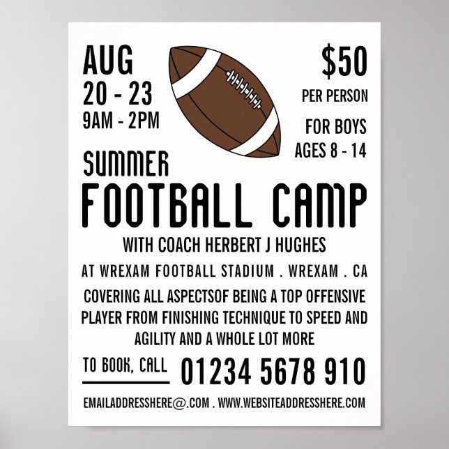 American Football, Football Camp Werbung Poster (Vorne)