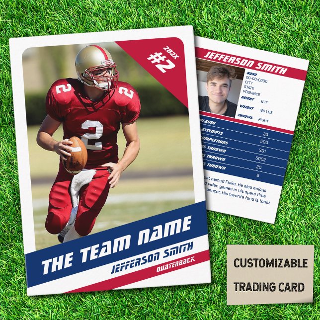 American Football Team Trading Card Red White Blue Telefonnummerkarte (American Football Player Trading Card in White with Custom Team Name with Blue Red Stripes
)