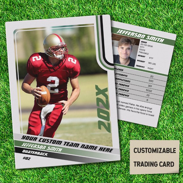 American Football Trading Card Custom Gift Green Telefonnummerkarte (American Football Player Trading Card in Grey with Custom Team and Player Name with Green Stripes)