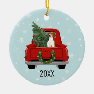 American Foxhound Christmas Red Truck Keramik Ornament