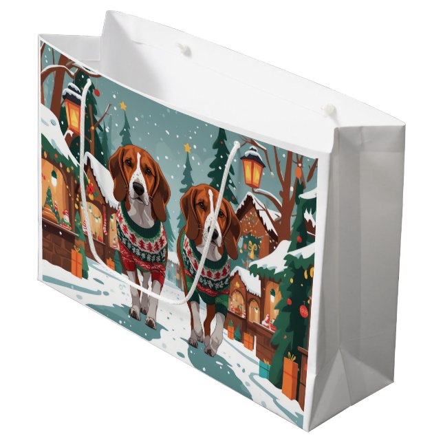 American Foxhound Dogs Christmas Snow Holiday Große Geschenktüte (Vorderseite Schrägansicht)