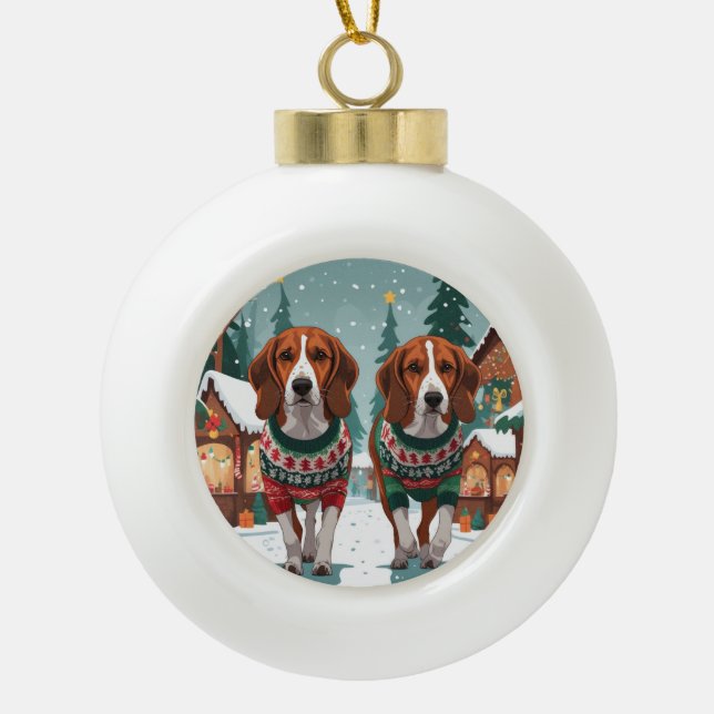 American Foxhound Dogs Christmas Snow Holiday Keramik Kugel-Ornament (Vorderseite)