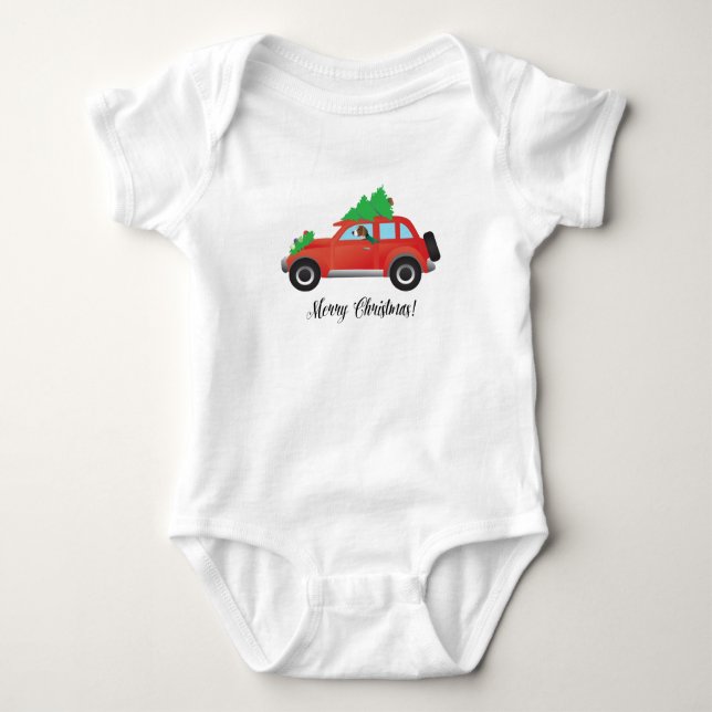 American Foxhound Driving Car mit Weihnachtsbaum Baby Strampler (Vorderseite)