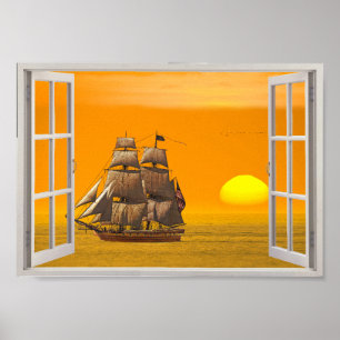 American Frigate Sails at Sunset Fake Window Poster