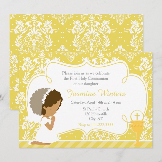 American Girl First Commune Gold Damask Einladung (Vorne/Hinten)