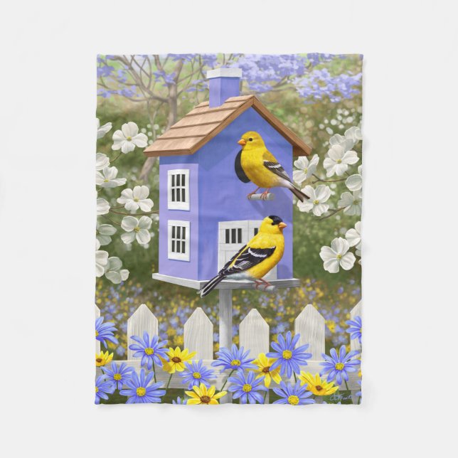 American Goldfinch Bird House Flower Garden Fleecedecke (Vorderseite)