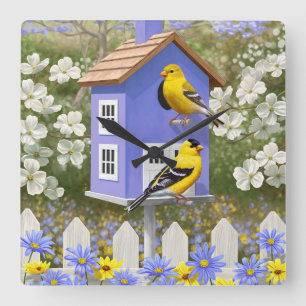 American Goldfinch Bird House Flower Garden Quadratische Wanduhr