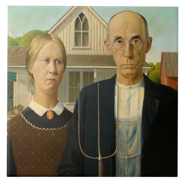 American Gothic, 1930 von Grant Wood Fliese (Vorderseite)