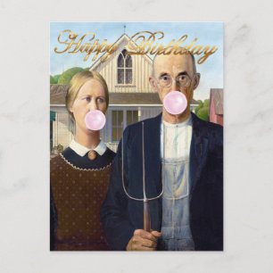 American Gothic Blowing Pink Bubble Kaugummi Postkarte