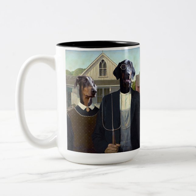American Gothic lustige Doberman Hund-Tasse Zweifarbige Tasse (Links)