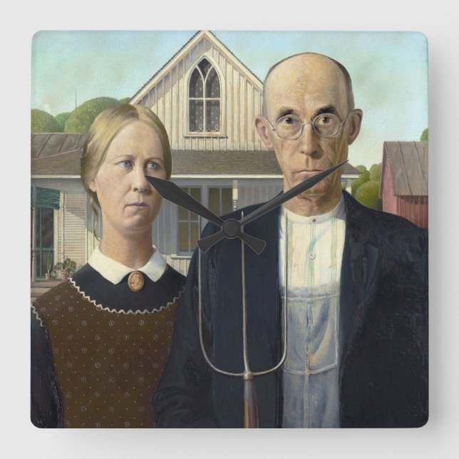American Gothic Painting by Grant Wood Quadratische Wanduhr (Vorderseite)