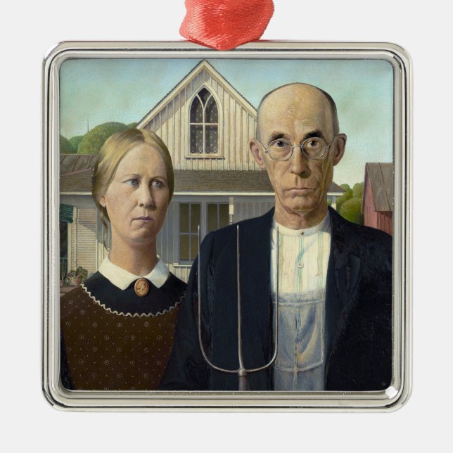 American Gothic Painting by Grant Wood Silbernes Ornament (Vorne)