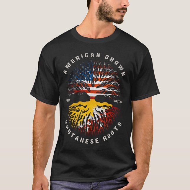 American Grown Bhutanese Roots Bhutan Flag T-Shirt (Vorderseite)