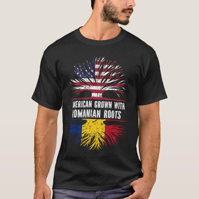 American Grown mit rumänischer Roots USA Flag T-Shirt (Vorderseite)