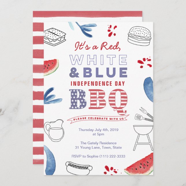 American Holidays GRILLEN Partys Red White Blue Einladung (Vorne/Hinten)